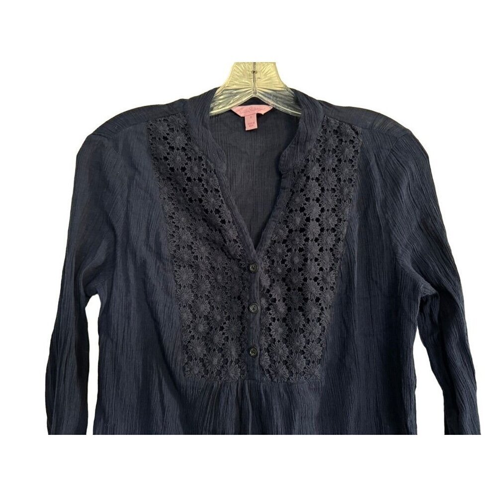 Lilly Pulitzer Freya Crochet Tunic Top Navy Blue Gauze V-Neck Floral Women's S - Picture 3 of 7